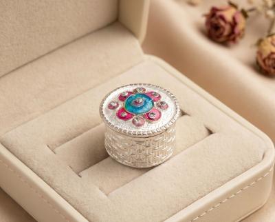 Pink Floral Round Silver Dibbi